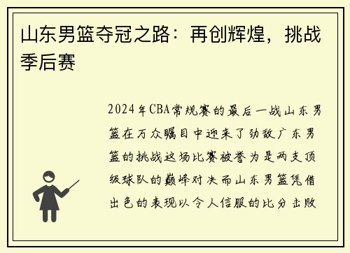 山东男篮夺冠之路：再创辉煌，挑战季后赛