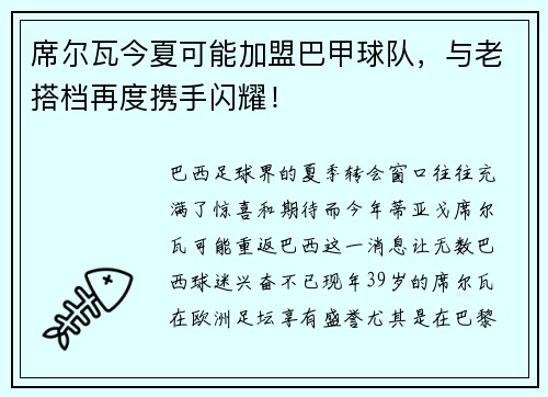 席尔瓦今夏可能加盟巴甲球队，与老搭档再度携手闪耀！