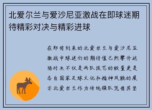 北爱尔兰与爱沙尼亚激战在即球迷期待精彩对决与精彩进球